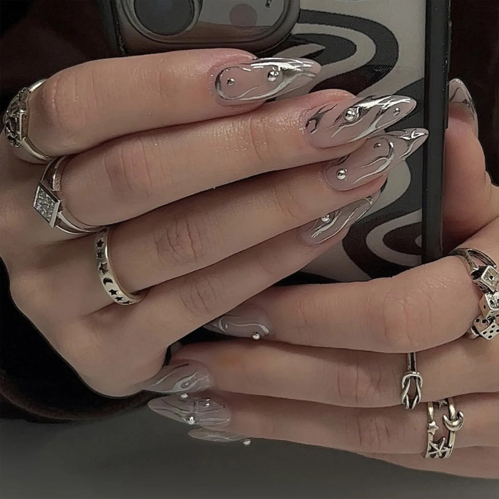 Y2K Silver Embossed Nails